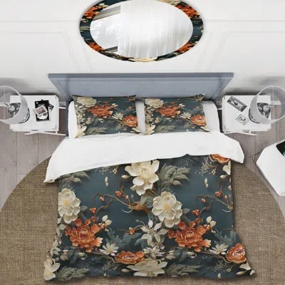 Design Art Natures Harmony - Oriental Duvet Cover Set - Microfiber Polyester In White;orange