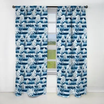 Design Art Nautical Allure Flowers Striped Pattern - Stripped Striped Blackout Curtain - 1 Panels In Blue;white
