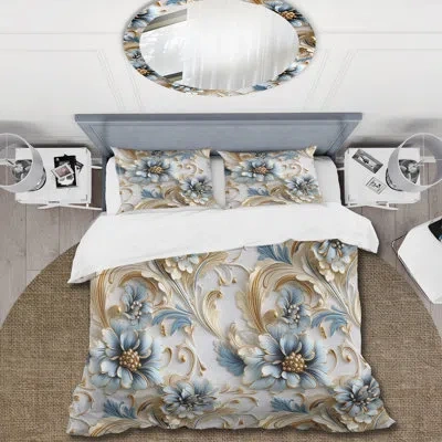 Design Art Navjit Vintage Ornamental Frames Victorian Pattern Ii - Damask Duvet Cover Set - Microfiber Polyeste In Blue;gold