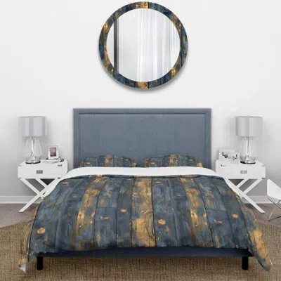 Design Art Navy Blue And Gold Reclaimed Wood I - Farmhouse Duvet Cover Set In Gold;navy