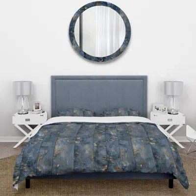 Design Art Navy Blue And Gold Reclaimed Wood Ii - Farmhouse Duvet Cover Set In Gold;navy