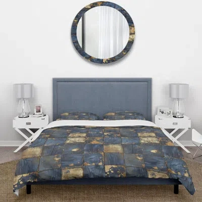 Design Art Navy Blue And Gold Reclaimed Wood Iii - Farmhouse Duvet Cover Set In Gold;navy