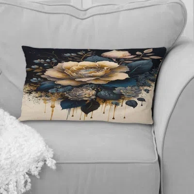 Design Art Navy Blue And Gold Rose I - Rose Printed Pillow In Blue;gold