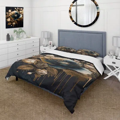 Design Art Navy Blue And Gold Rose Ii - Floral Rose Duvet Cover Set - Microfiber Polyester In Blue;gold