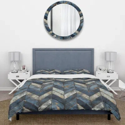 Design Art Navy Blue And Silver Reclaimed Wood - Farmhouse Duvet Cover Set In White;navy