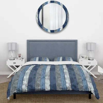 Design Art Navy Blue And Silver Wood Plank I - Farmhouse Duvet Cover Set In White;navy