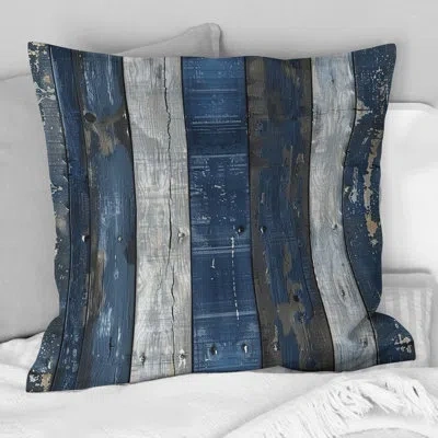 Design Art Navy Blue And Silver Wood Plank Ii - Farmhouse Pillow In White;navy