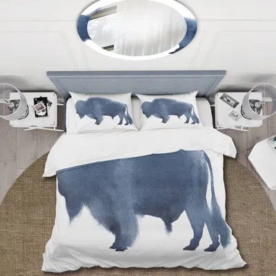 Design Art Navy Blue Bison Silhouette - Farmhouse Duvet Cover Set - Microfiber Polyester In Blue,white