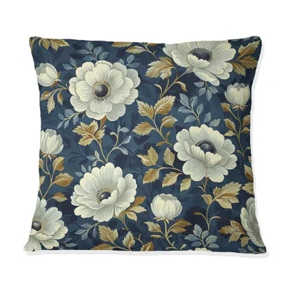 Design Art Navy Blue Country Chic Flowers I - Farmhouse Pillow In White;navy