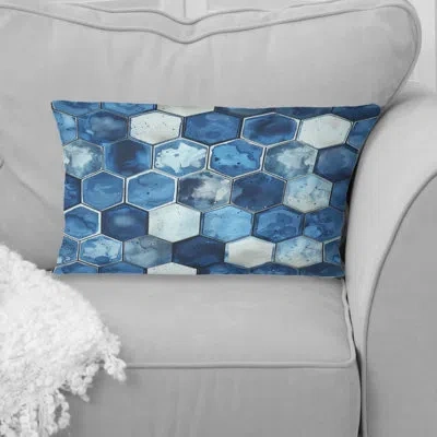 Design Art Navy Blue Midcentury Hexagon Print Iii - Midcentury Lumbar Pillow In Cream;navy