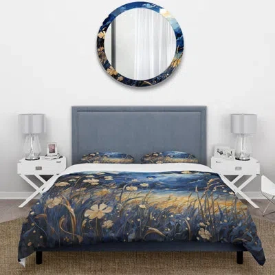 Design Art Navy Blue Poppies Field - Meadow Duvet Cover Set In Blue;navy
