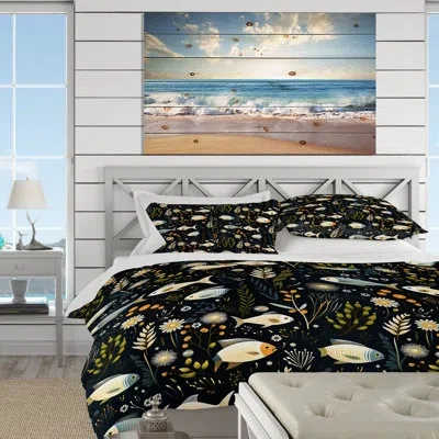 Design Art Navy Blue Underwater Elegance Coastal Pattern I Duvet Cover Set In Black;beige