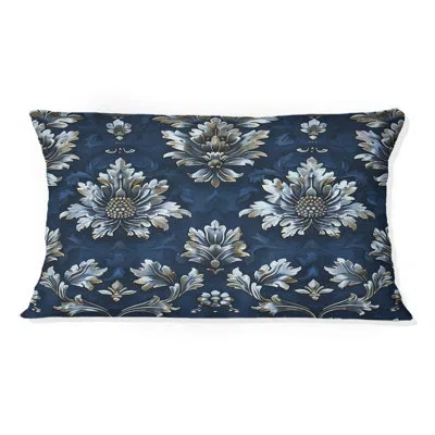 Design Art Navy Glam Damask - Glam Lumbar Pillow In Blue