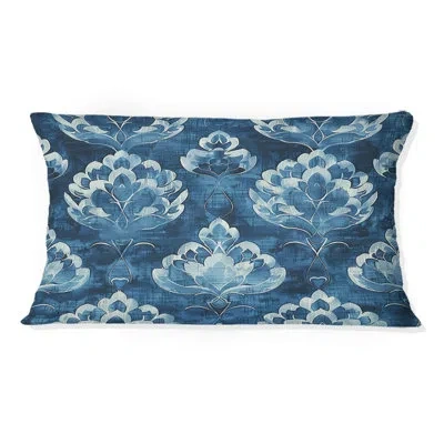 Design Art Navy Glamour Luxe Blooms - Transitional Lumbar Pillow In Blue;navy