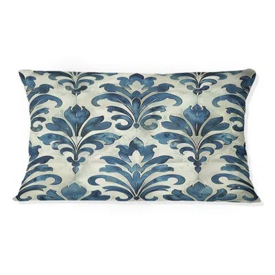 Design Art Navy Glamour Luxe Damask - Transitional Lumbar Pillow In Blue;navy