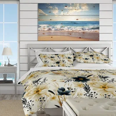 Design Art Neutral Greys Flowers Accents - Floral Duvet Cover Set - Microfiber Polyester In Beige