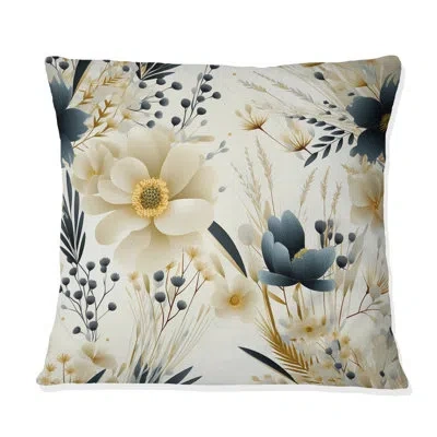 Design Art Neutral Greys Flowers Accents - Floral Polyester Throw Pillow In White;beige