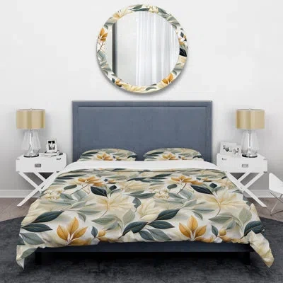 Design Art Neutral Leaves Iv - Plants Duvet Cover Set - Microfiber Polyester In Yellow;teal