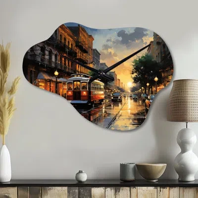 Design Art New Orleans Cityscape Comes Alive At Night I - Orange Cloud Metal Wall Clock, Industrial Asymmetrica In Yellow;orange