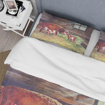Design Art Newborn Calves At The Farm - Farmhouse Duvet Cover Set - Microfiber Polyester In Brown,green