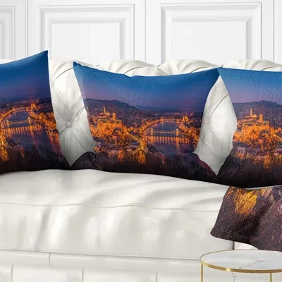 Design Art Night View Of Budapest City - Sea & Shore Printed Throw Pillow In Blue;orange