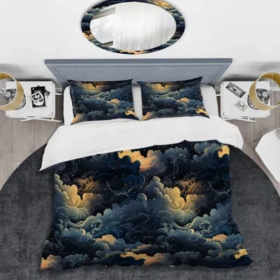 Design Art Noir Skies Moody Patterns I- Abstract Duvet Cover Set - Microfiber Polyester In Blue;yellow