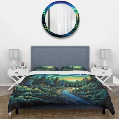 Design Art Northern Lights Magic Landscape - Northern Lights Duvet Cover Set In Green