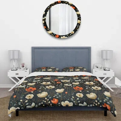 Design Art Nostalgia Vintage Black Floral Pattern I - Floral Duvet Cover Set In Black;beige