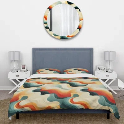 Design Art Nostalgic Mod Waves - Midcentury Duvet Cover Set - Microfiber Polyester In Blue;yellow