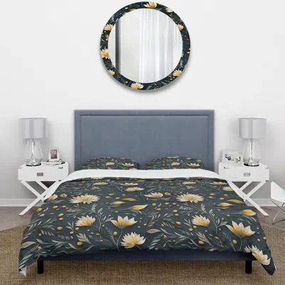 Design Art Nurbi Yellow And Blue Tranquil Flowers Zen - Botanical Duvet Cover Set - Microfiber Polyester In Blue;yellow