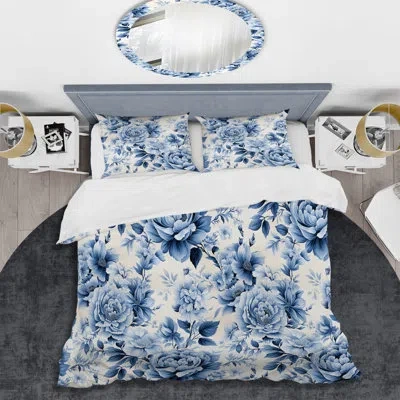 Design Art Nyani Blue And White Flower Radiance Iii - Floral Duvet Cover Set - Microfiber Polyester In Blue;white