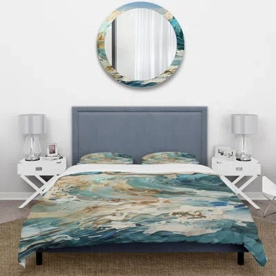 Design Art Ocean Charm Liquid Wave Art Ii - Coastal Duvet Cover Set - Microfiber Polyester In Blue