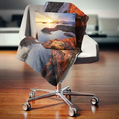 Design Art Ocean Coast Nice Sunset In Norway - Sea & Shore Printed Pillow In Yellow
