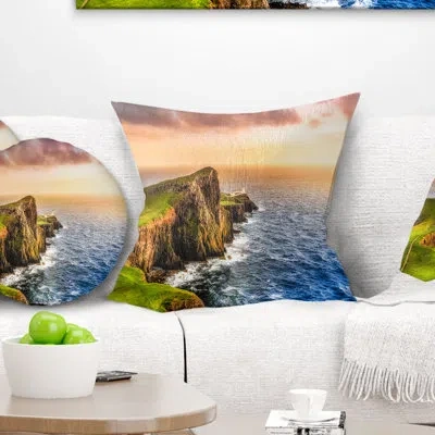 Design Art Ocean Cost At Sunset - Sea & Shore Printed Throw Pillow In Blue;green