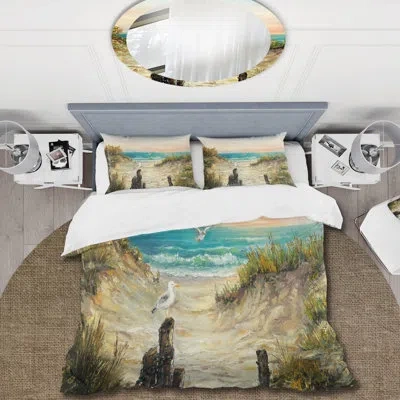 Design Art Ocean Dunes During Pink Sunset - Nautical & Coastal Duvet Cover Set - Microfiber Polyester In Beige,blue,green