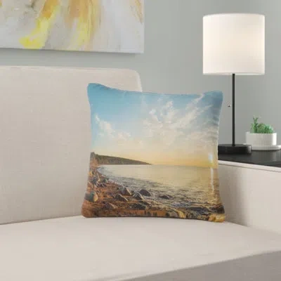 Design Art Ocean Shore At Sunrise With Rocks - Sea & Shore Printed Pillow In Blue;white