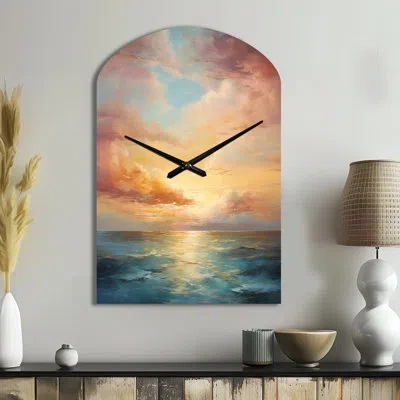 Design Art Ocean Sunset Celestial Symphony - Arch Sunset Metal Wall Clock, Asymmetrical Wall Clock Print In Teal