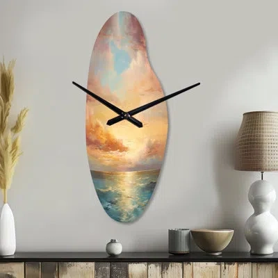 Design Art Ocean Sunset Celestial Symphony - Curved Sunset Metal Wall Clock, Teal Wall Clock Print