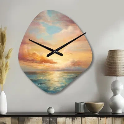 Design Art Ocean Sunset Celestial Symphony - Sunset Irregular Shape Metal Wall Clock, Teal Asymmetrical Metal W