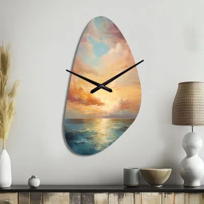 Design Art Ocean Sunset Celestial Symphony - Sunset Unique Shape Metal Clocks, Teal Asymmetrical Metal Wall Clo