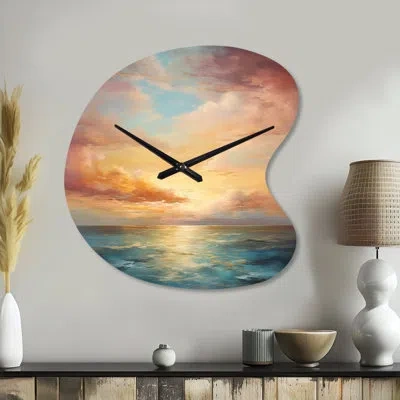 Design Art Ocean Sunset Celestial Symphony - Sunset Unique Shape Metal Wall Clock, Traditional Asymmetrical Wal In Teal
