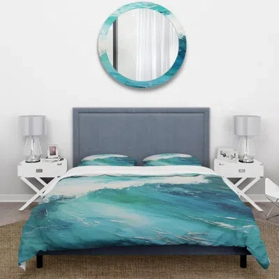 Design Art Ocean Teal Wave Expression I - Coastal Duvet Cover Set - Microfiber Polyester In Blue