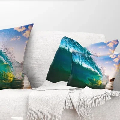 Design Art Ocean Wave At Sunset - Sea & Shore Printed Throw Pillow In Blue;yellow