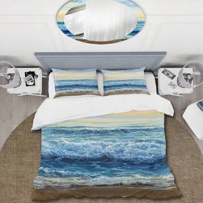 Design Art Ocean Waves At Dawn - Nautical & Coastal Duvet Cover Set - Microfiber Polyester In Blue,yellow