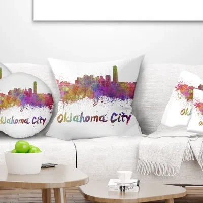 Design Art Oklahoma Skyline - Cityscape Printed Throw Pillow In Yellow;purple