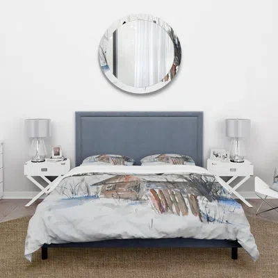 Design Art Old Abandoned Wooden House In Winter Picture - Traditional Duvet Cover Set - Microfiber Polyester In Gray,white
