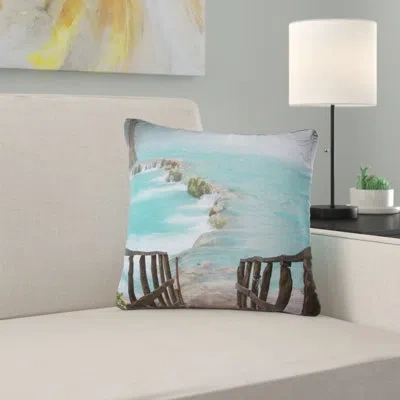 Design Art Old Bridge Into Mexico Waterfall - Pier & Bridge Printed Pillow In Blue