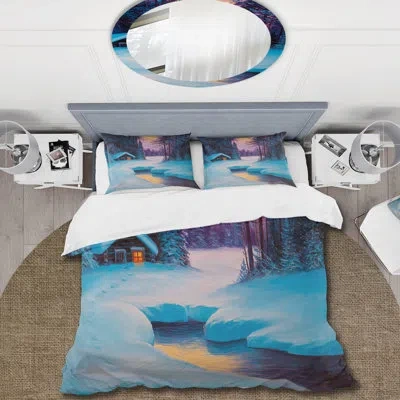 Design Art Old Cabin In Winter Forest Ii - Traditional Duvet Cover Set - Microfiber Polyester In Blue;white