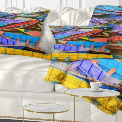Design Art Old Colorful Sailboats In Lake - Boats Printed Throw Pillow