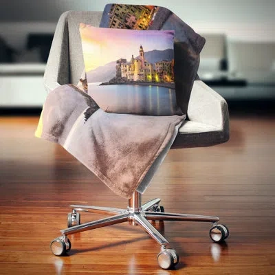 Design Art Old Mediterranean Town At Sunrise - Sea & Shore Printed Pillow In Blue
